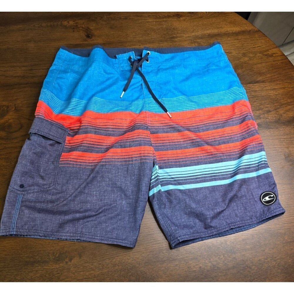 ONeill Mens Size 40 Board Shorts Blue/Red Striped Swim Trunks Polyester Z4